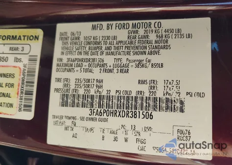 2013 Ford Fusion Se z USA, uszkodzony, nr VIN 3FA6P0HRXDR381506